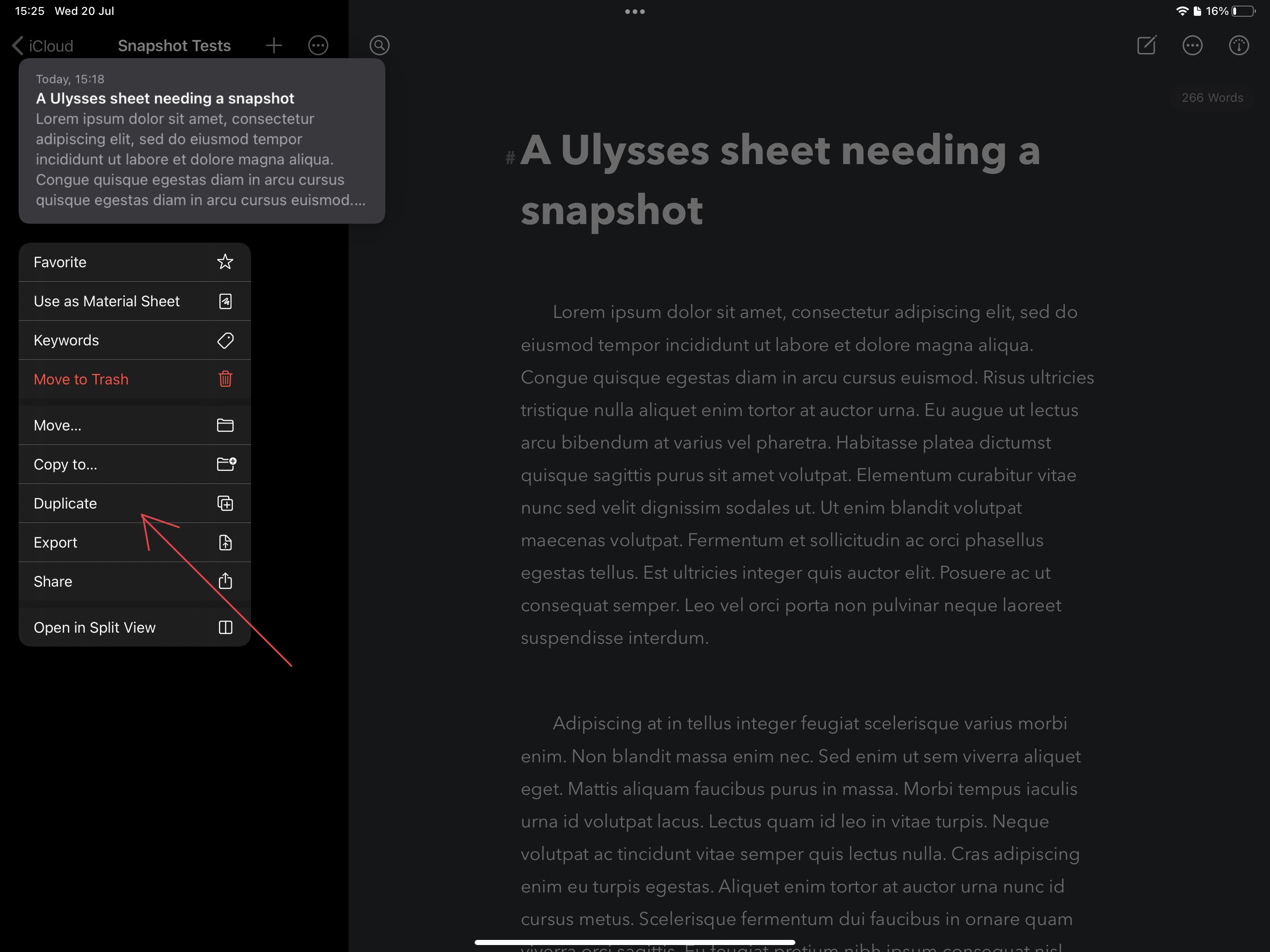 Duplicating a sheet in Ulysses on iPadOS
