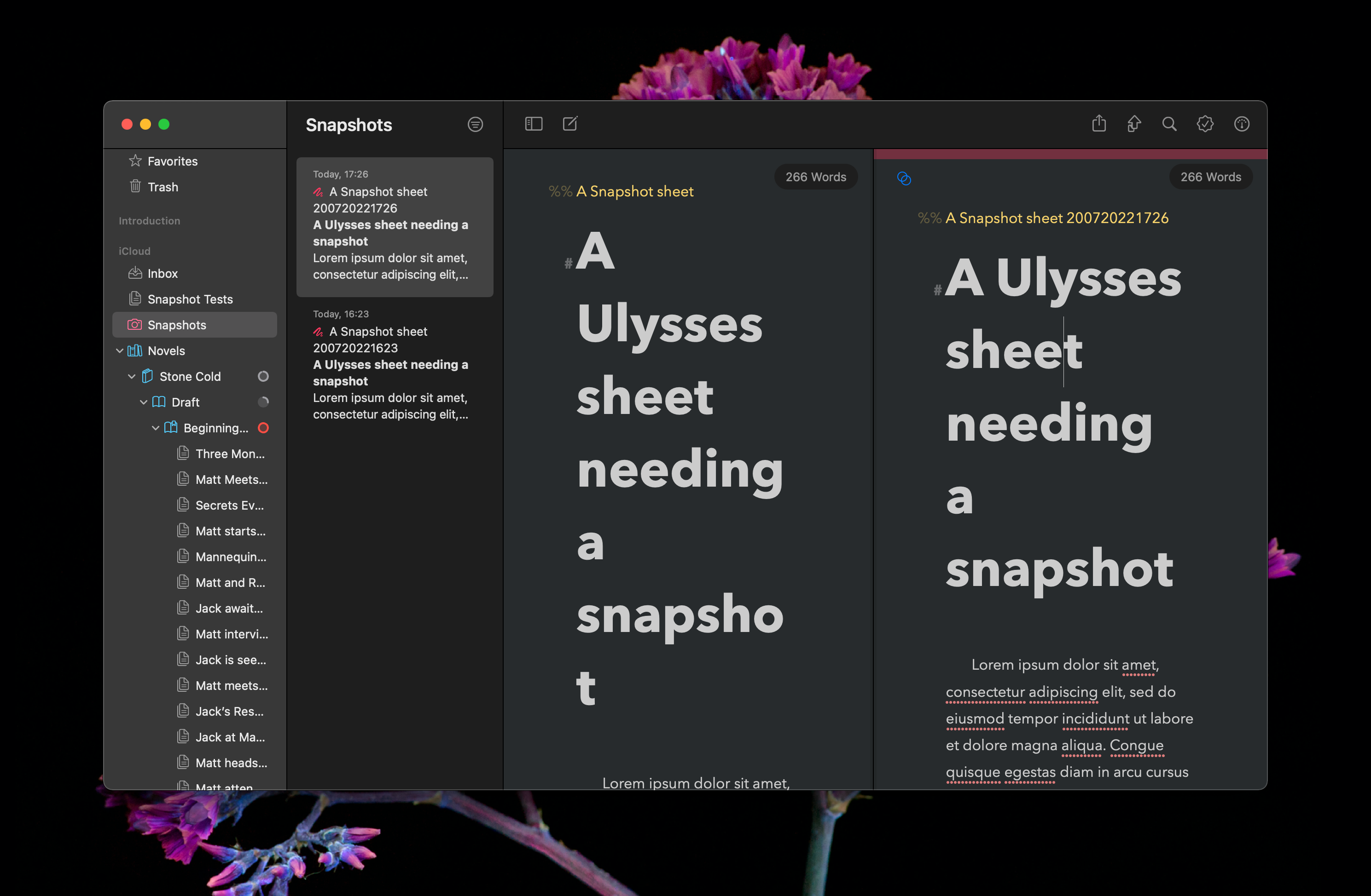 Pinning the Snapshot Library in Second Editor in Ulysses on macOS